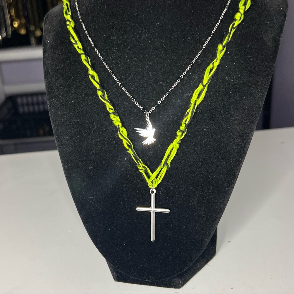 Green&Black Woven Cotton Rope w Enamel Beaded Chain, Cross Dove Pendants - Picture 4 of 4